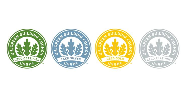 Seals for various LEED certifications (certified, silver, gold, and platinum)